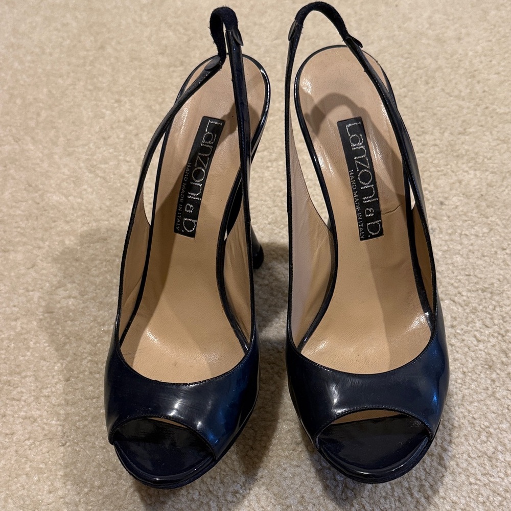 Lanzoni Blue Peep Toe Slingback Heels